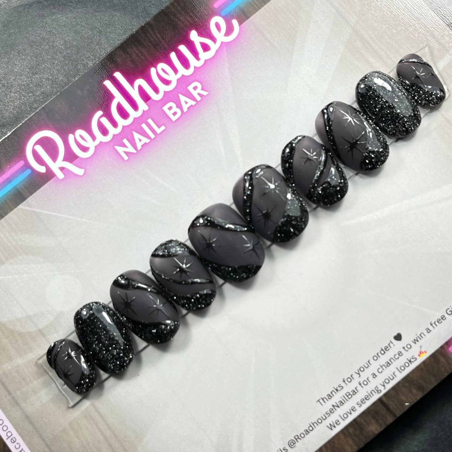 Black Glitter Star Press-On Nails β Gothic Halloween Celestial Design, Hand-Painted Sparkly Reusable False Nails UK