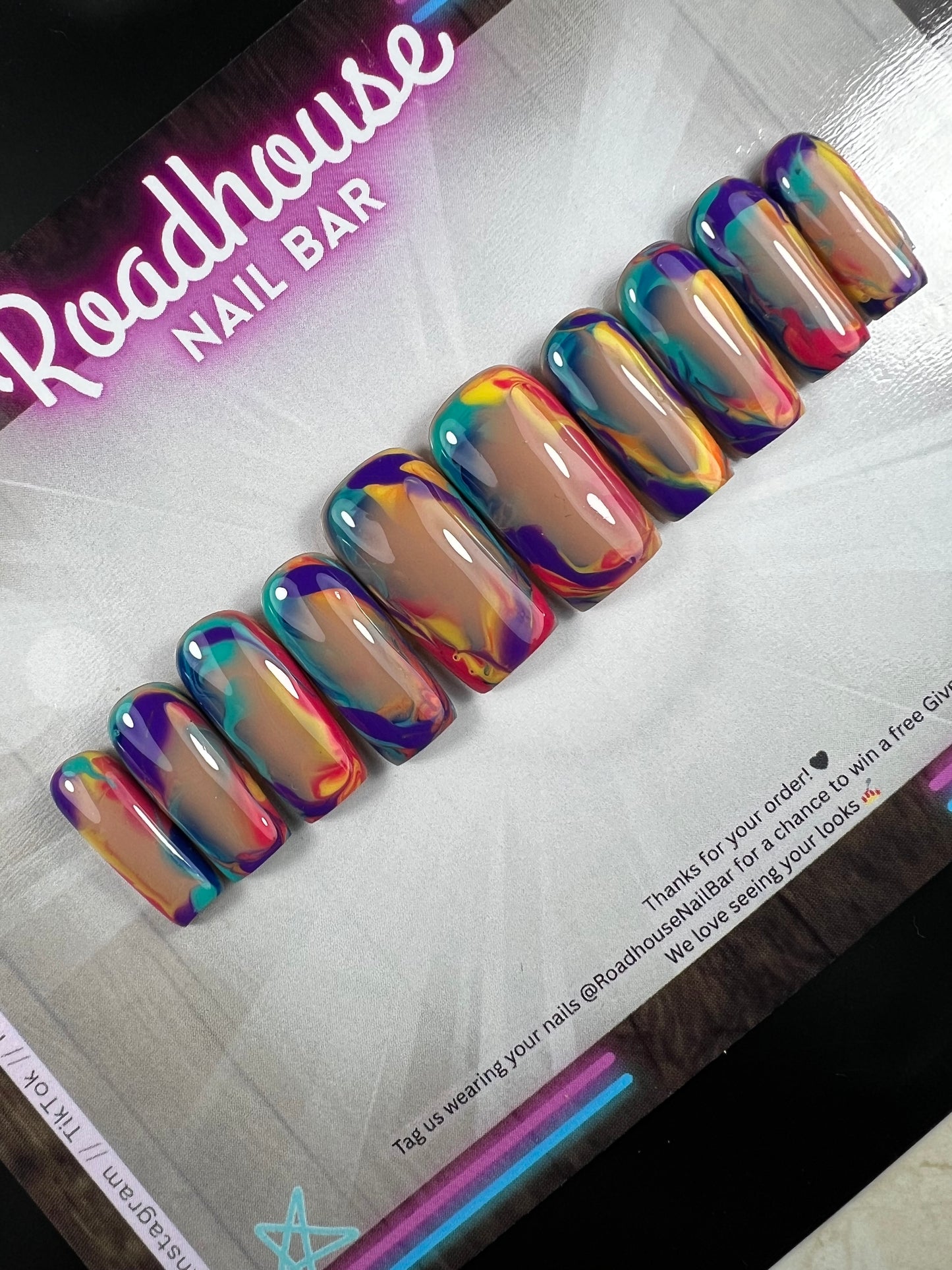 Vibrant Sunset Summer Press-On Nails – Abstract Swirl Nail Art in Bold Summer Colours (10pc Custom Set)