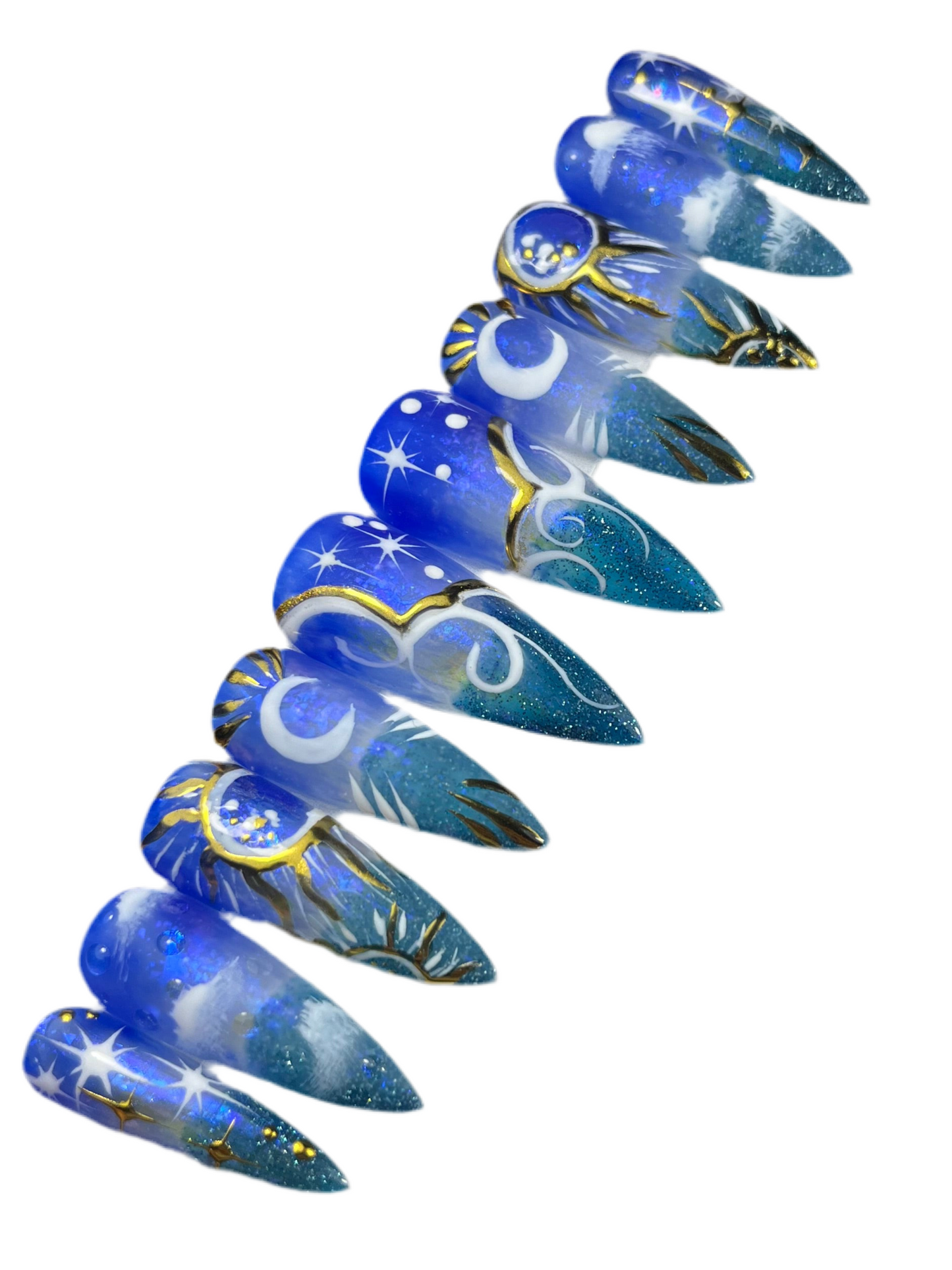 Witchy Celestial Press-On Nails – Blue & Turquoise Chrome Moon Magic (10pcs)