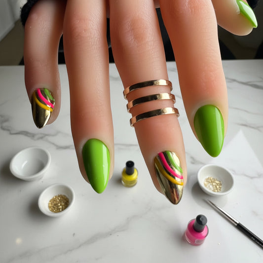 Green & Gold Chrome Press On Nails Set | Full Coverage with Stylish Striped Accents | Handcrafted Nail Art | Customizable and Reusable