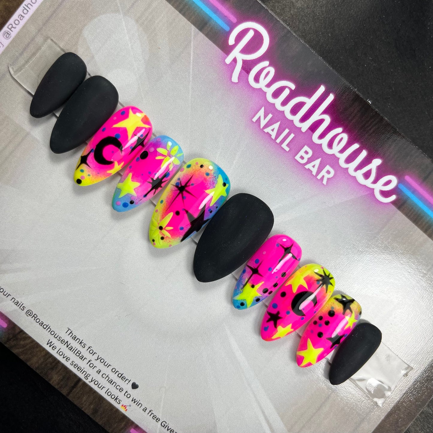 Neon lights celestial black and Bright Matte (10pc) nail set