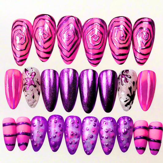 Cheshire Cat Chrome Press-On Nails – Electric Purple & Pink Stripes, 24pcs, Handmade in UK, Reusable, Alice Vibes