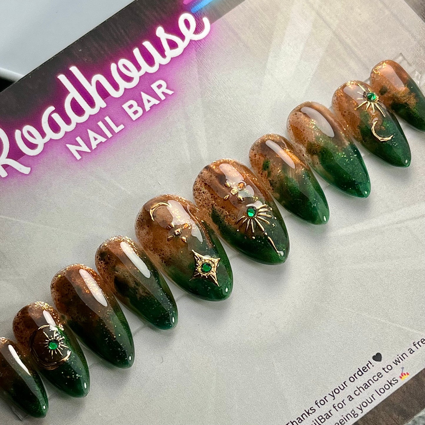 Fairycore Green & Amber Press-On Nails β Tree Bark Resin Look w/ Forest design (10pc Custom Set)
