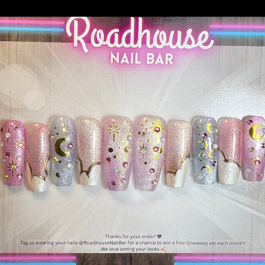 Celestial Coquette Press-On Nails | Pink Moon & Star Glitter Nails