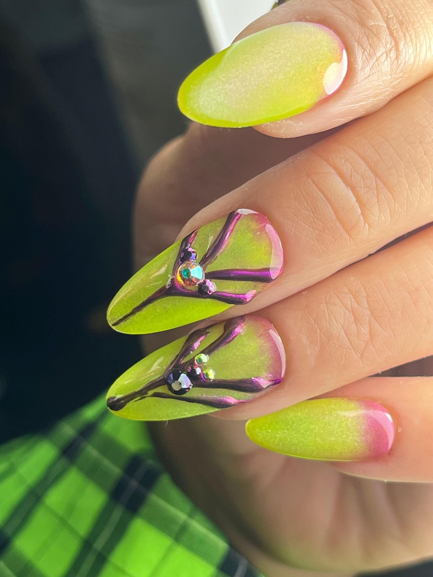 Lime Green Cat Eye Press-On Nails β 3D Purple Chrome & Rhinestones, Handmade 10pc Alt Nails, Custom Shape & Size, UK Seller
