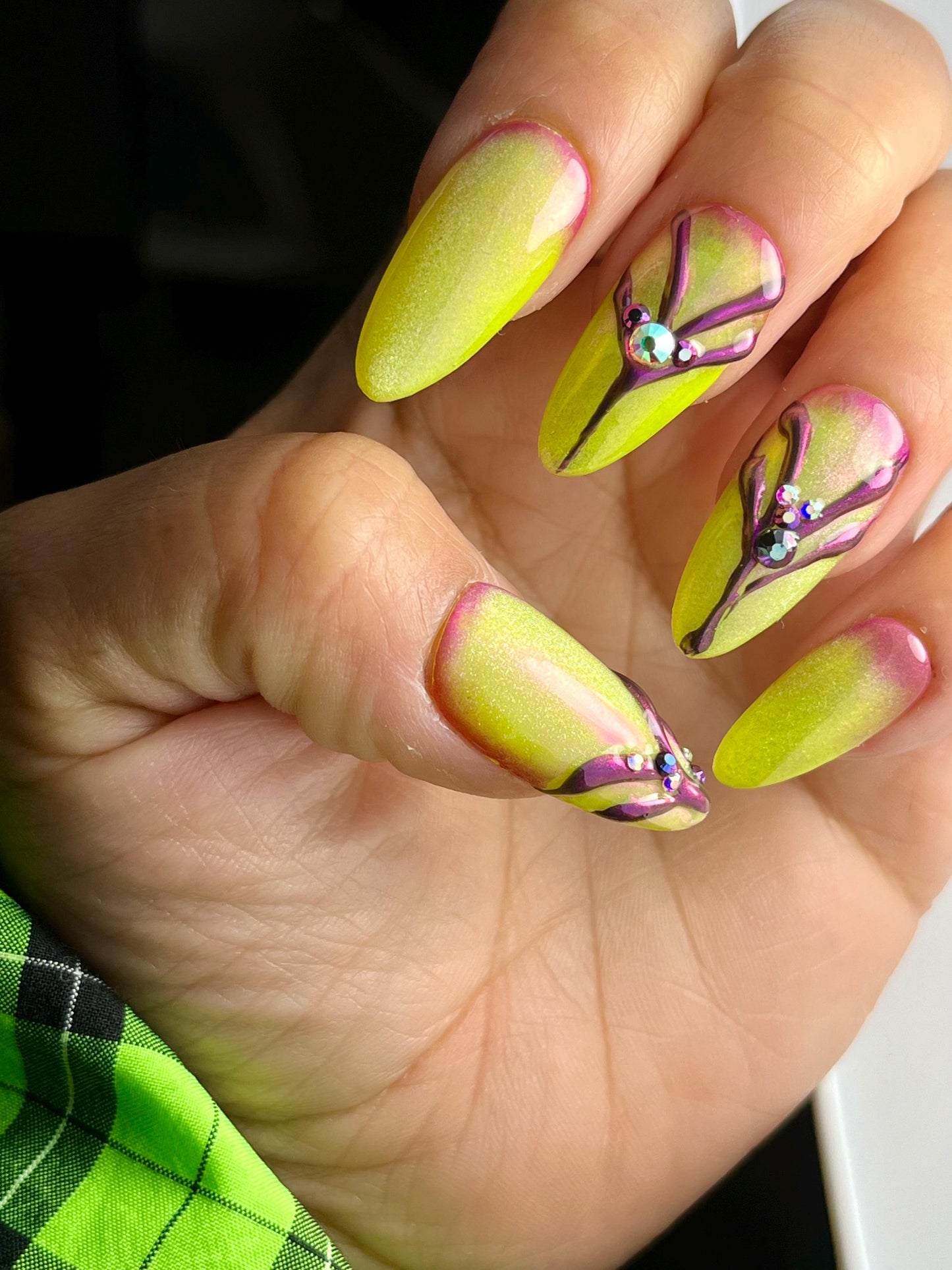 Lime Green Cat Eye Press-On Nails β 3D Purple Chrome & Rhinestones, Handmade 10pc Alt Nails, Custom Shape & Size, UK Seller