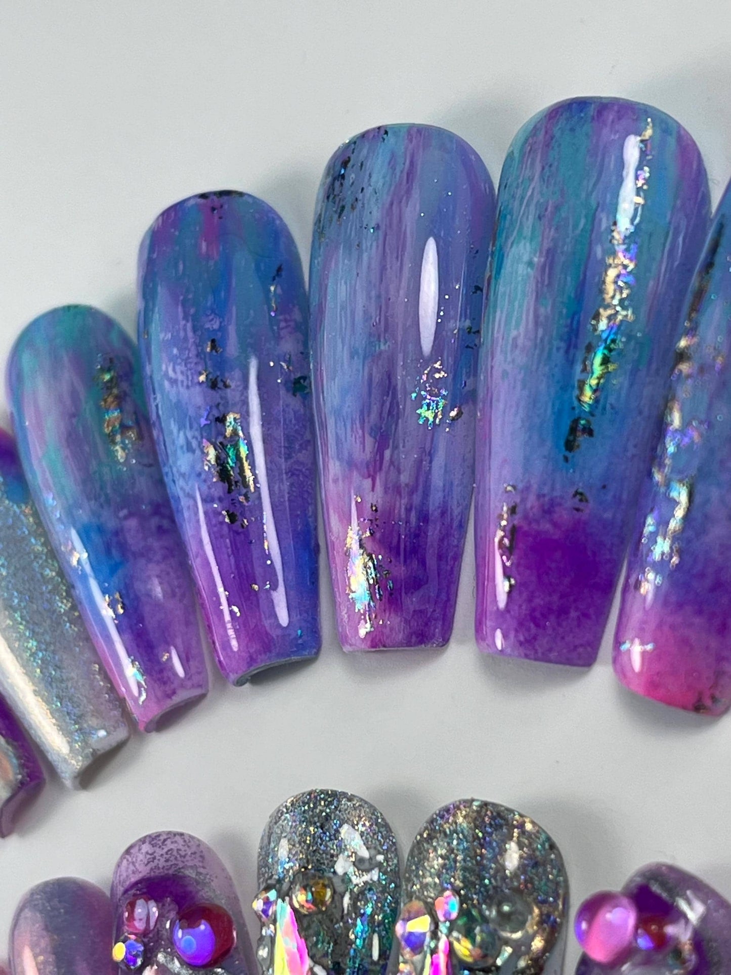 Pink holographic Junk Nail Press On Nails | 10 or 24pcs Reusable Nail Set | Pink blue Purple Metallic Chrome Nails |  Long Coffin Nails uk