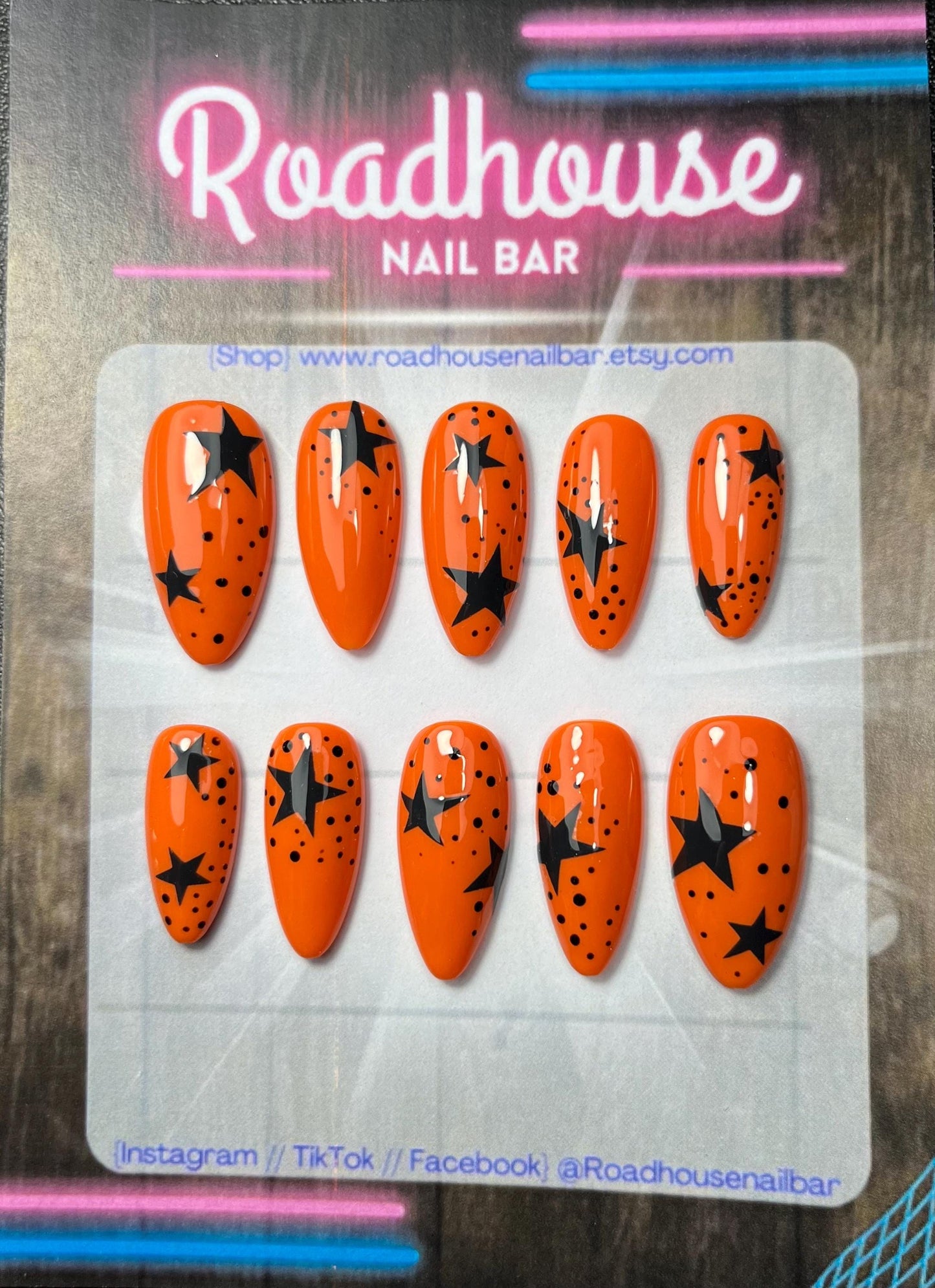 Electric Tangerine Star Nails – 10pc Custom Handmade Press-On Set | Punky Halloween Vibes