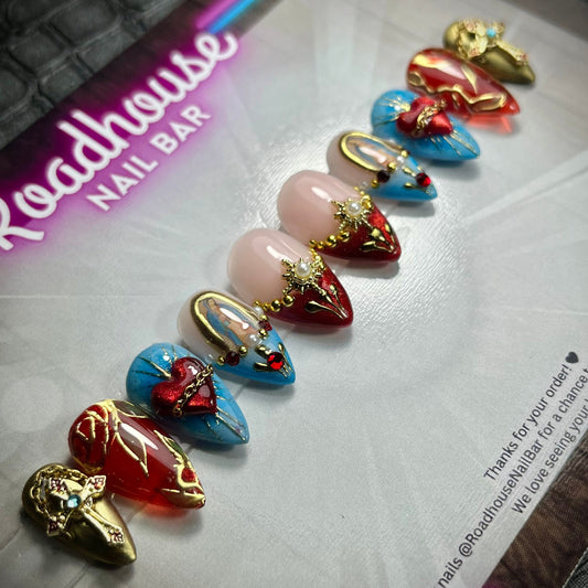 Catholic Roman 3D Jewelled Press-On Nails – Baroque Gold Red Gothic Luxury (10pcs)