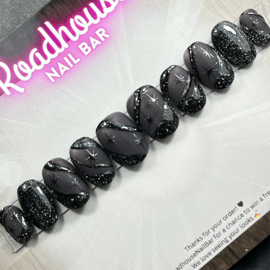 Black Glitter Star Press-On Nails – Gothic Halloween Celestial Design, Hand-Painted Sparkly Reusable False Nails UK