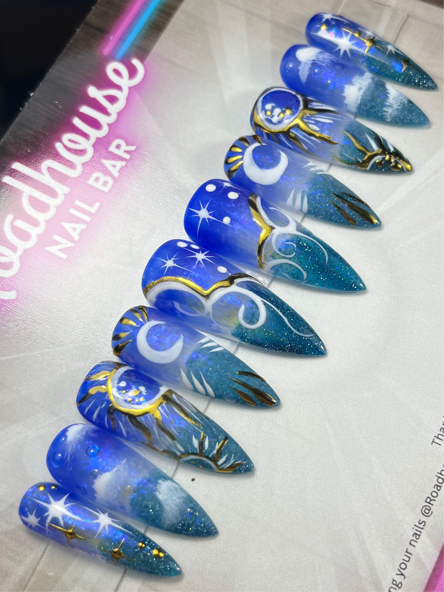 Witchy Celestial Press-On Nails – Blue & Turquoise Chrome Moon Magic (10pcs)
