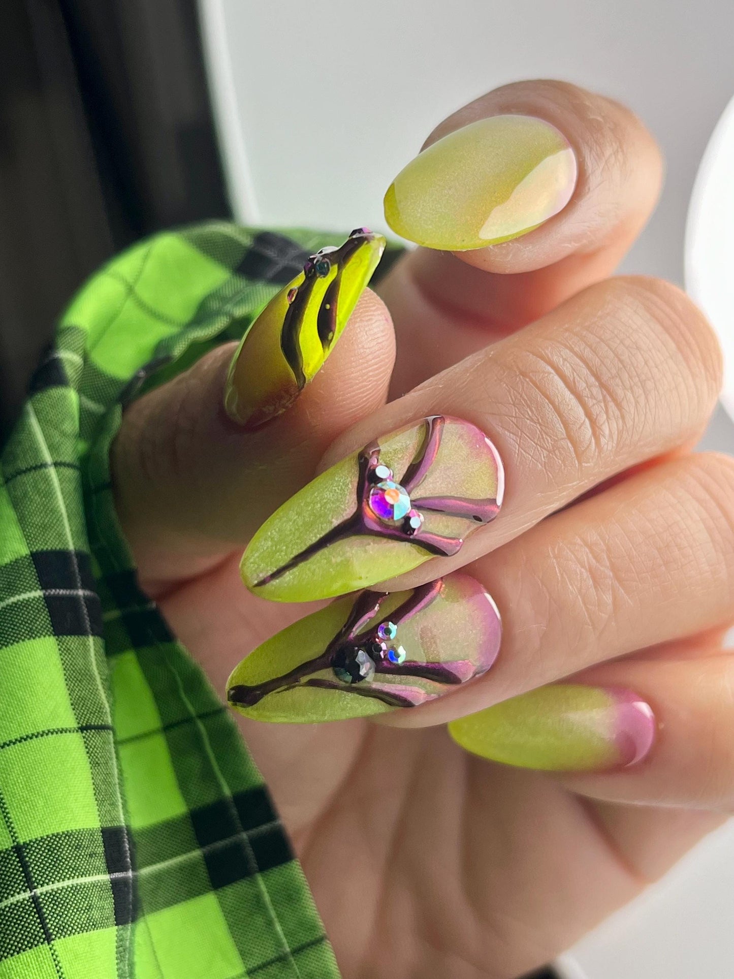 Lime Green Cat Eye Press-On Nails β 3D Purple Chrome & Rhinestones, Handmade 10pc Alt Nails, Custom Shape & Size, UK Seller