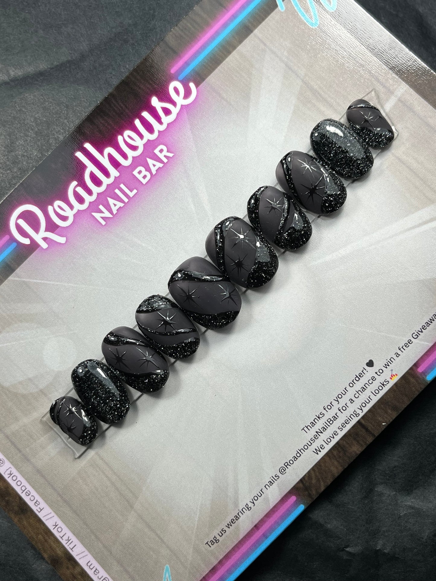 Black Glitter Star Press-On Nails β Gothic Halloween Celestial Design, Hand-Painted Sparkly Reusable False Nails UK