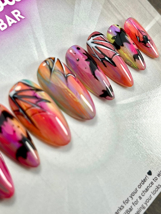 Gothic Halloween Ombre Press-On Nails – Hand-Painted Bat & Spider-Web Nail Art (Reusable, UK Handmade)