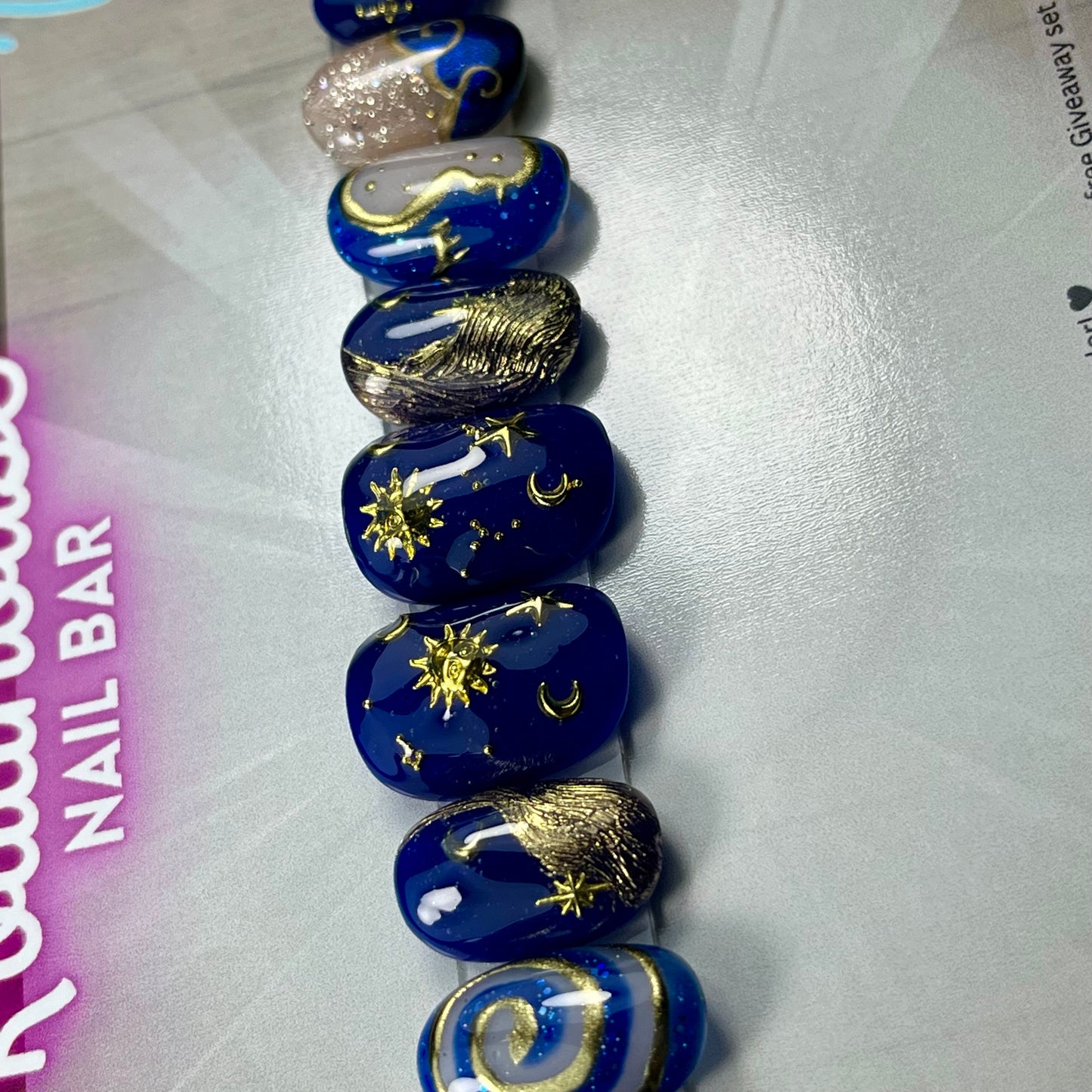 90s Whimsy Goth Press On Nails β Celestial Navy & Gold Moons and Stars, Hand Painted 10pc Custom Gothic Nails UK