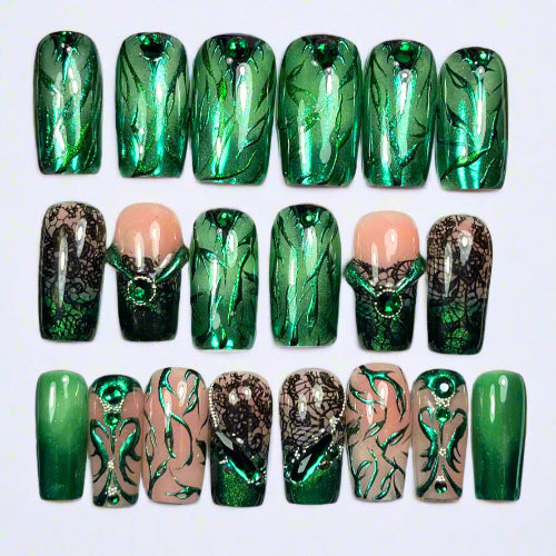 Gothic Emerald Black Press-On Nails – Forest Fantasy Bling Chrome (24pcs)