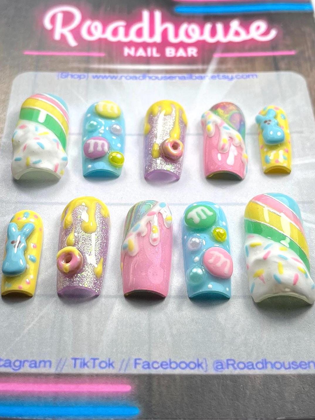Pastel Easter sweeties Press On Nails | Easter cake Spring Nails | 3D Nail Art pink, yellow blue Nails | Sugar peeps frosting press on nails