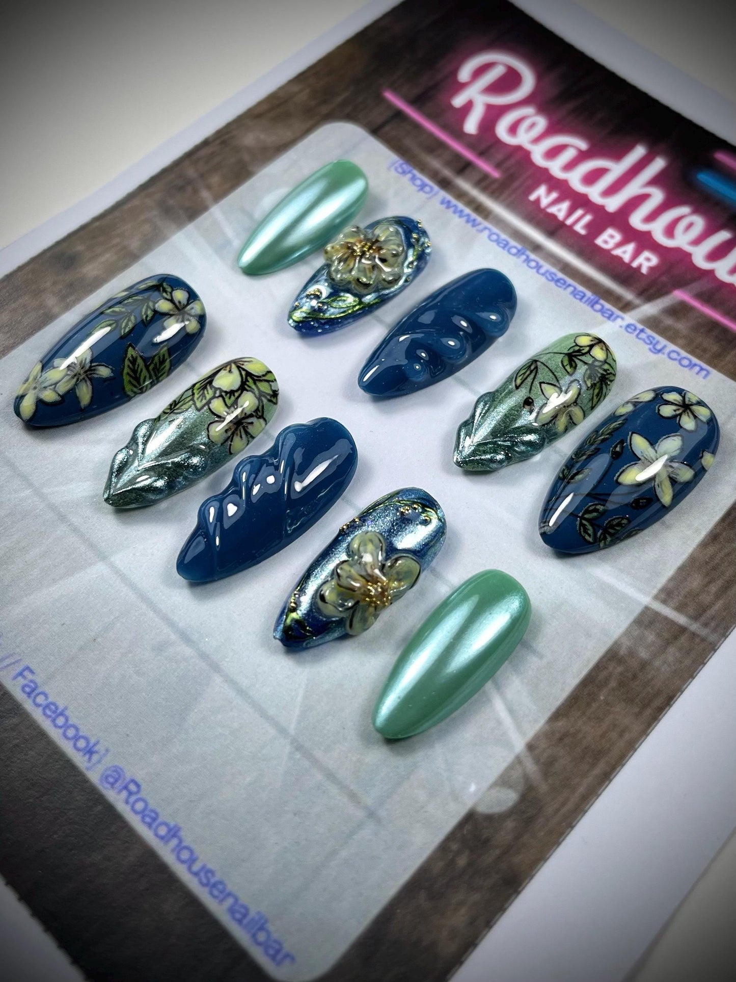 Denim blue, yellow, custard, 3-D Press On Nails | spring floral, blue and green Nails | Full Coverage almond shaped nails | doughnut, glazed