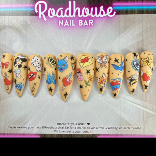 Traditional Tattoo Press-On Nails – Retro Ink Style on Neutral Base (10pcs Custom Set)