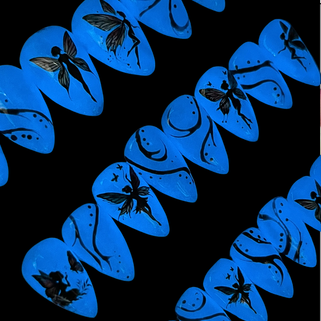 Enchanted Glow Dark Fairy Press-On Nails – Black Silhouettes on Blue (24pcs)