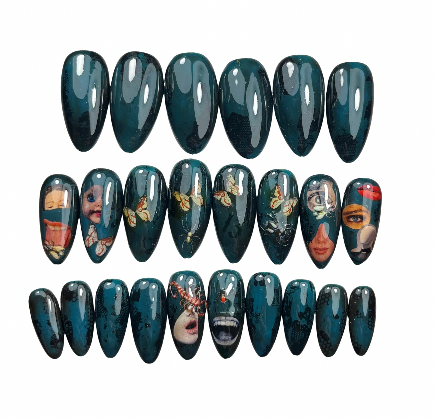 Surreal Oddities Press-On Nails – Eyes, Mouths & Butterflies Gothic Art (24pcs, Medium Almond)