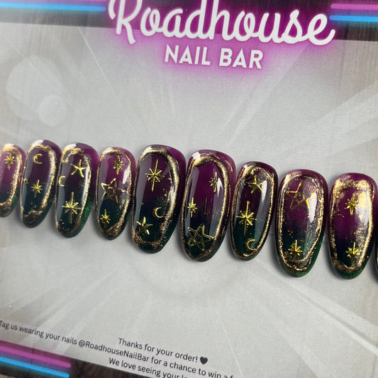 Celestial Plum & Green Cat-eye Gold Chrome Witchy Nails | Celestial ombré Press On Set | Alt Girl UK Handmade Gothic Stars + Moons Nail Art