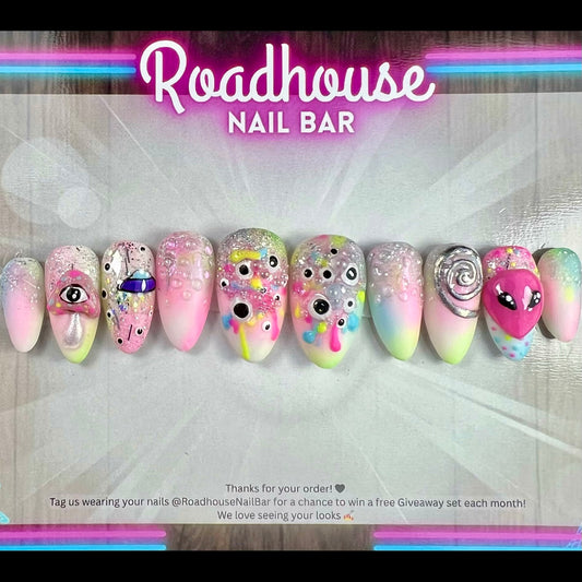 Trippy Psychedelic Neon Alien Press-On Nails | Pastel Goth UFO Eyes | Kawaii Rave Festival Nails