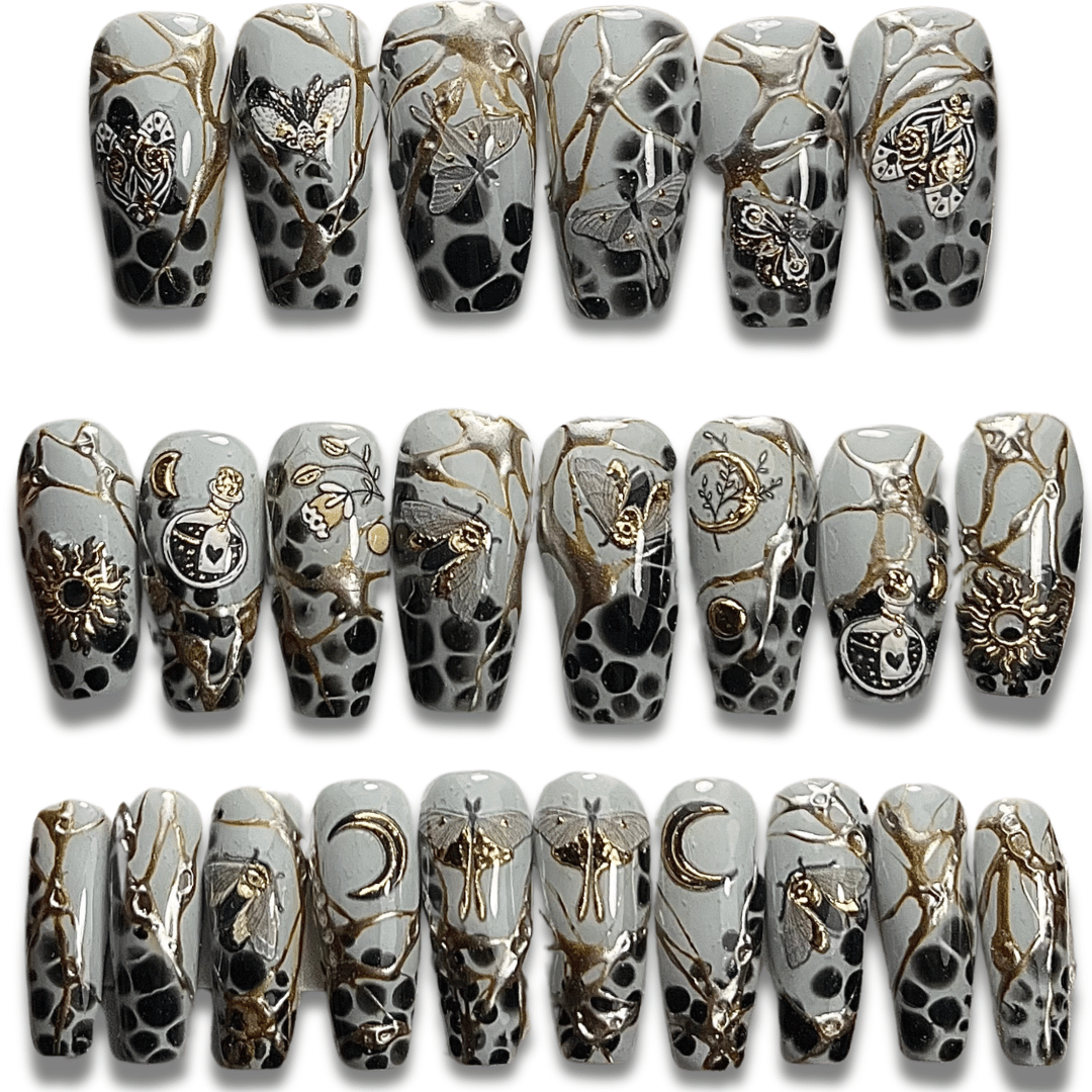 Night Moth Press-On Nails – Grey, Black & Gold Moth Design (24pcs)