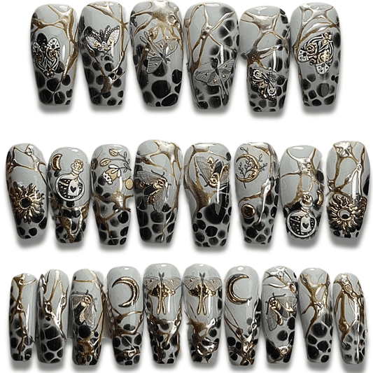 Night Moth Press-On Nails – Grey, Black & Gold Moth Design (24pcs)