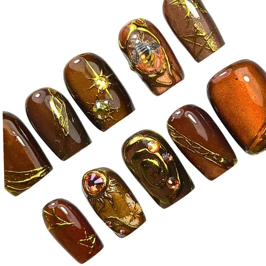 Whimsy Gothic Press-On Nails | Witchy
Cat Eye Aura with Crystals & Gold
Celestial Art | Handmade Alt Nails UK |
Autumn cottagecore Nails