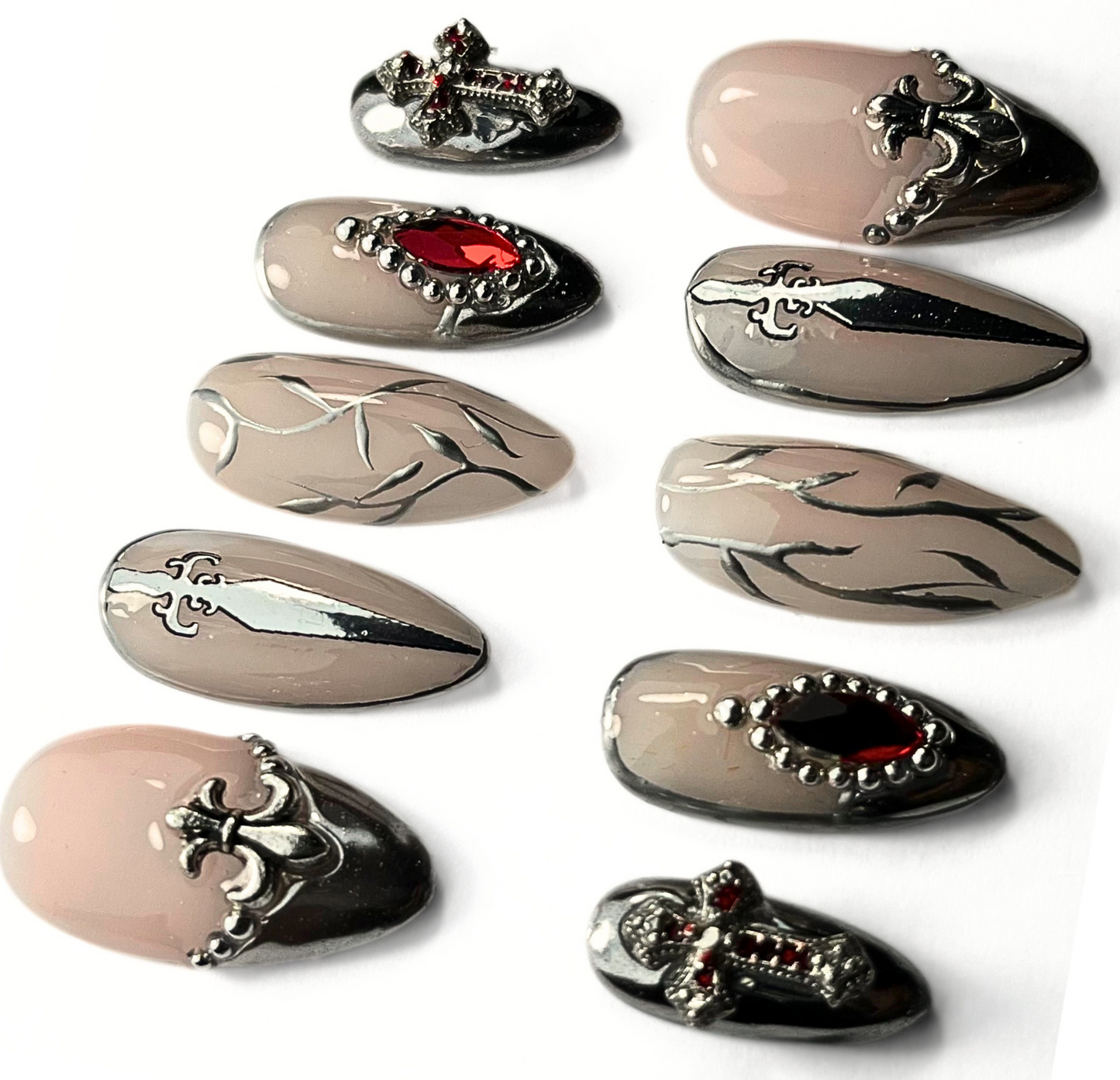 Medieval Gothic Armour Press-On Nails โ Renaissance Fair Sword & Cross Design (10pcs)