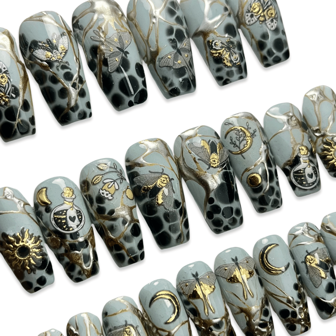 Night Moth Press-On Nails – Grey, Black & Gold Moth Design (24pcs)