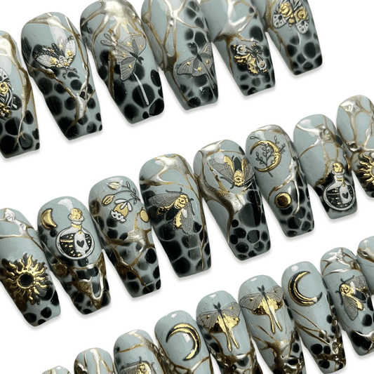 Night Moth Press-On Nails – Grey, Black & Gold Moth Design (24pcs)