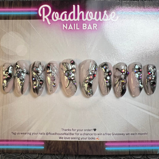 Baby Blue Chrome Press-On Nails | 10pc Molten Metal Nail Set with Crystals | Abstract Y2K Glam Reusable Nail Art | Holographic Glitter Nails