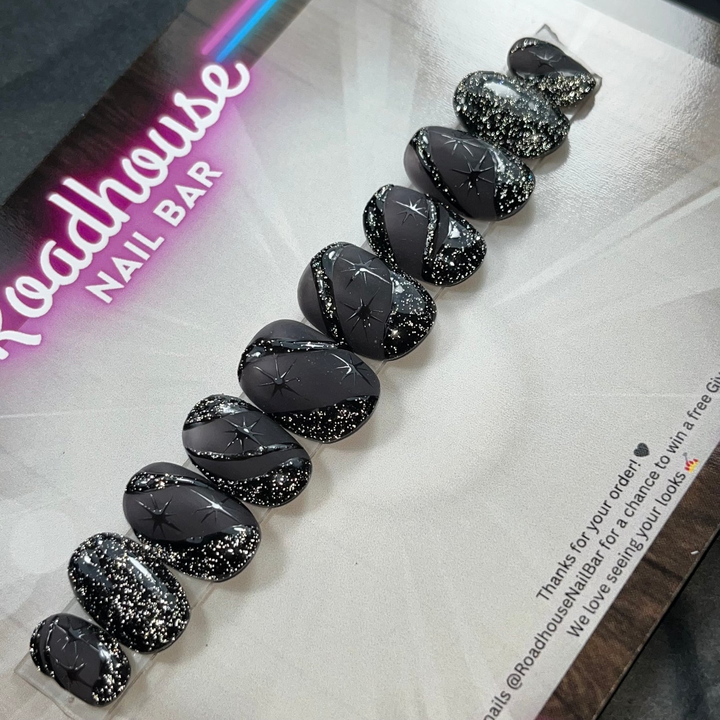 Black Glitter Star Press-On Nails β Gothic Halloween Celestial Design, Hand-Painted Sparkly Reusable False Nails UK
