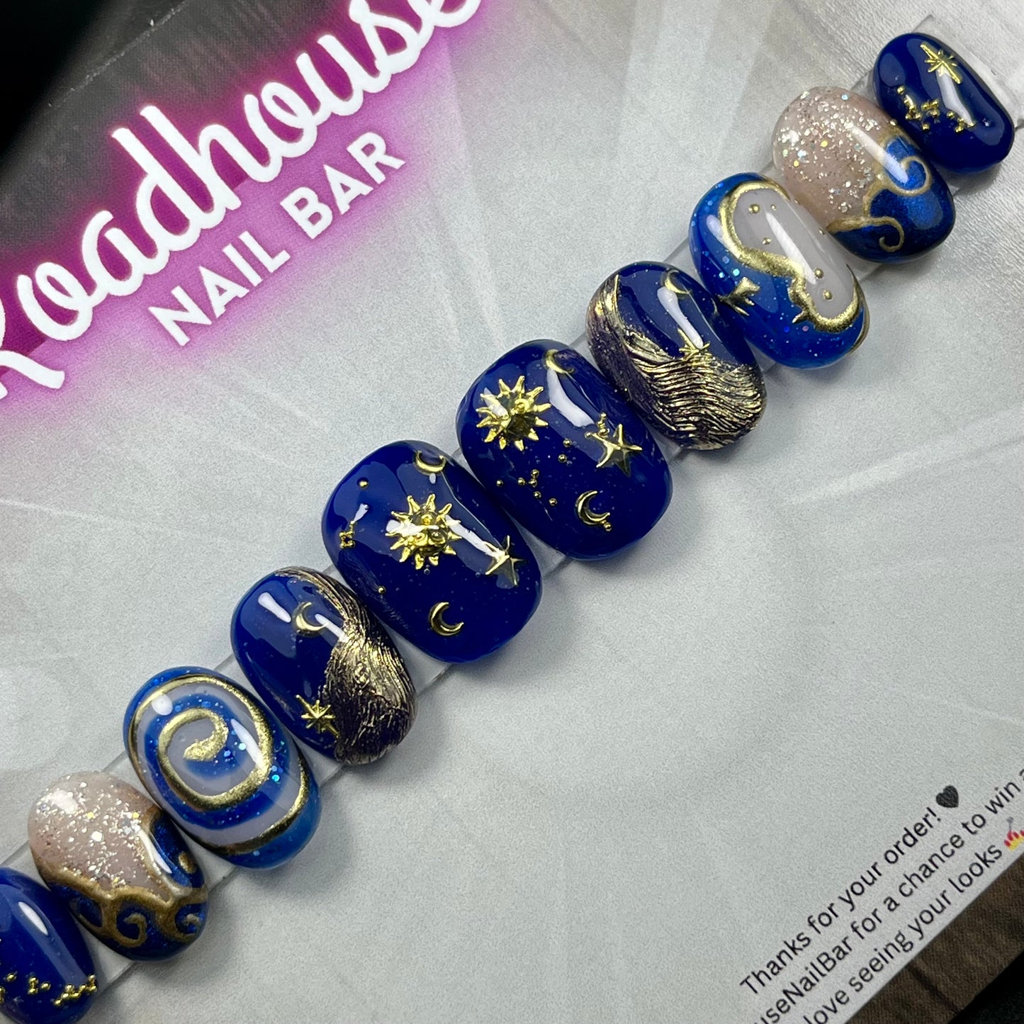 90s Whimsy Goth Press On Nails β Celestial Navy & Gold Moons and Stars, Hand Painted 10pc Custom Gothic Nails UK
