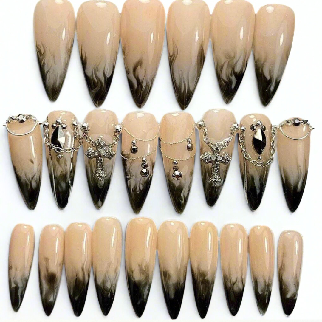 Gothic Bridal Thermal Press-On Nails – White to Black Smoke Effect (24pcs)
