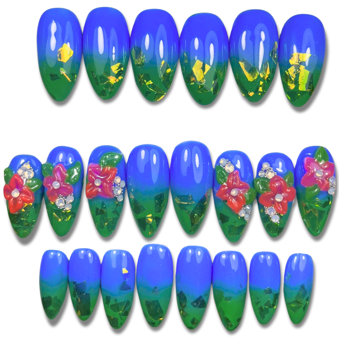 Tropical Blue & Green Ombre Press‑On Nails – Medium Almond (24pcs)
