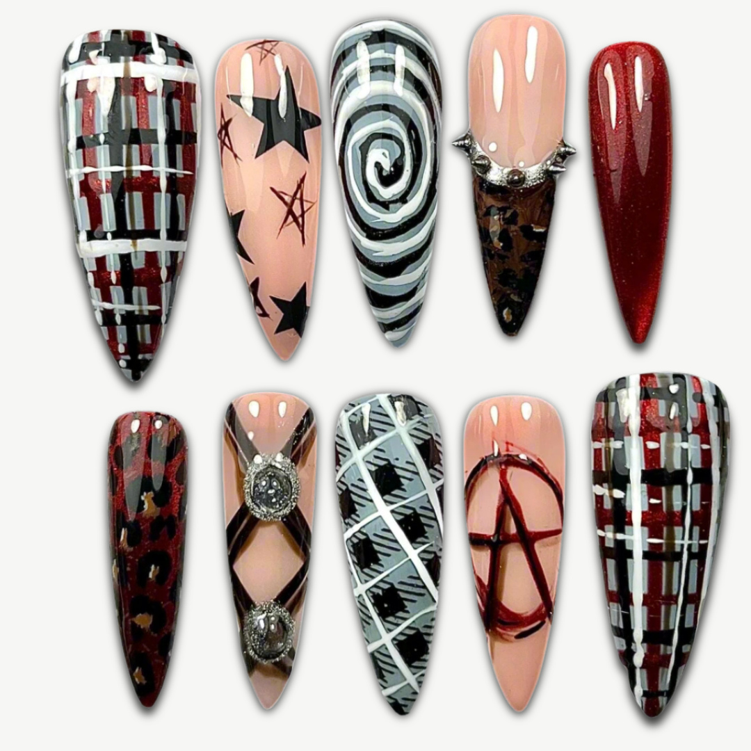 Punk Rock Anarchy Press-On Nails – Grunge Plaid & Studded Design (10pcs)