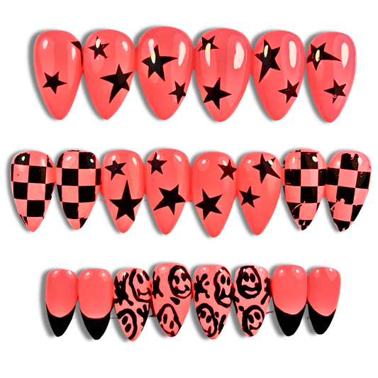 Neon Coral & Black Emo Press-On Nails – Punk Smiley Face & Alt Art (24pcs)