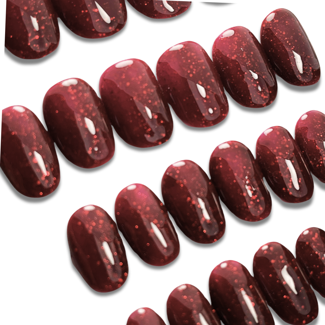 Blood Red Wine Glitter Press-On Nails – Short Oval Vampy Glam (24pcs)