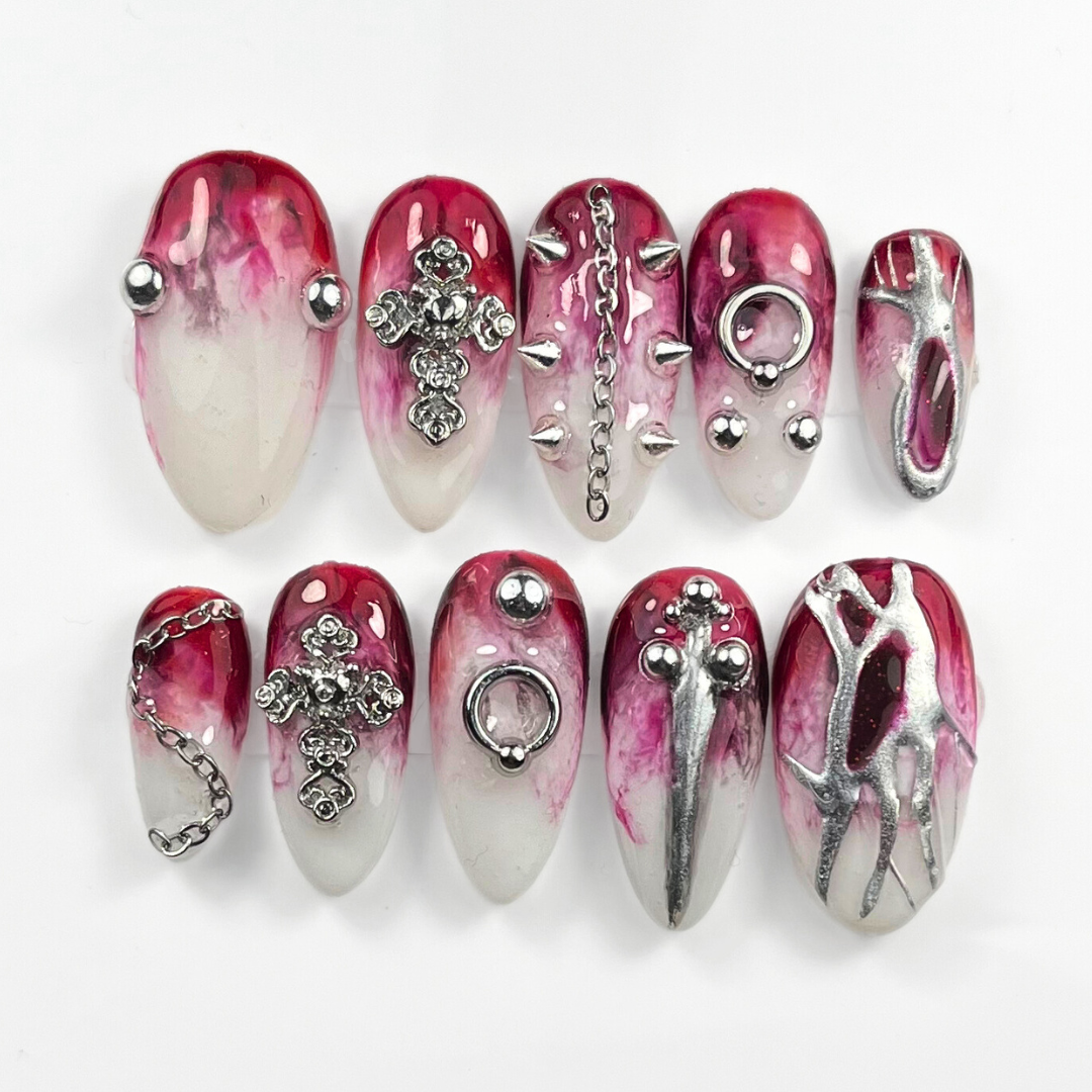 Gothic Faux Piercing Press-On Nails – Spiked & Chained Alt Design (10pcs, Customisable)