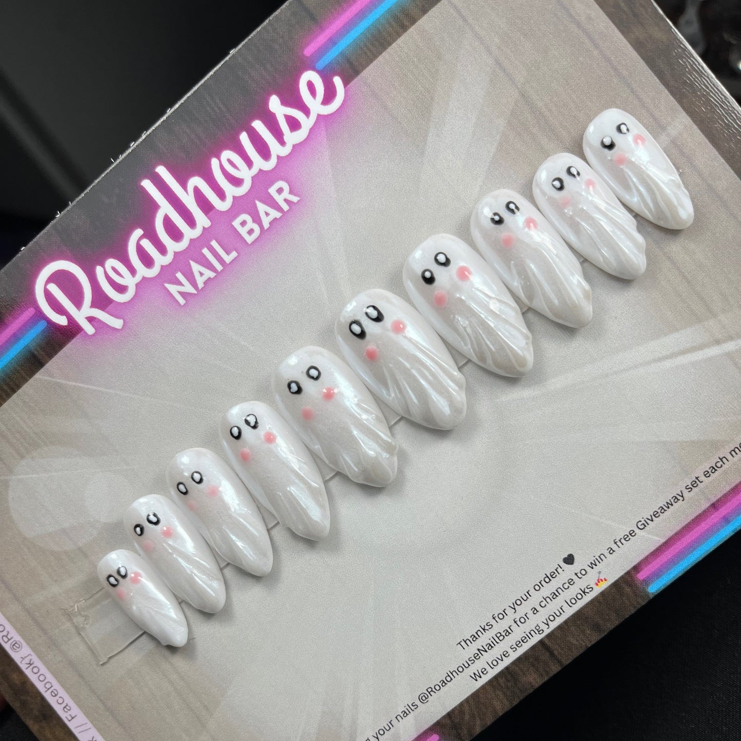 Cute Ghost Press-On Nails – Halloween Spooky White Ghost Nail Art | Hand painted 10pc Custom False Nails UK