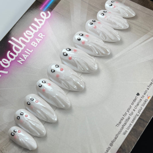 Cute Ghost Press-On Nails – Halloween Spooky White Ghost Nail Art | Hand painted 10pc Custom False Nails UK