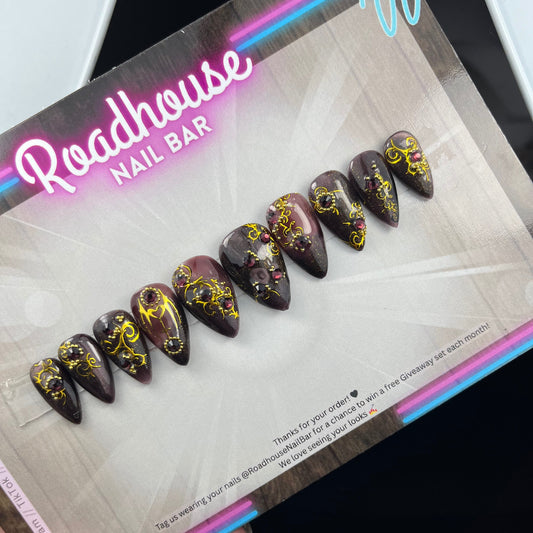 Gothic Baroque Press-On Nails – Black & Gold Filigree with Purple Wine Stones | Handmade 10pc Custom False Nails UK