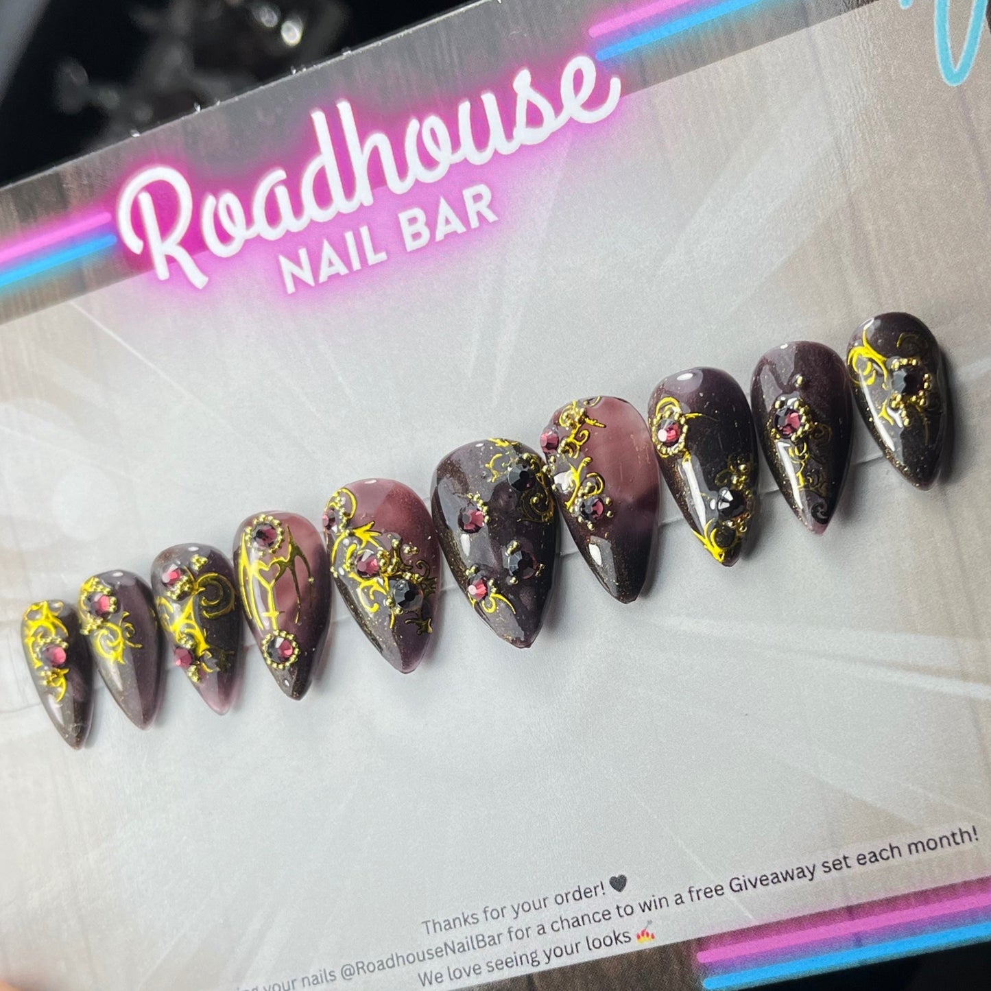 Gothic Baroque Press-On Nails – Black & Gold Filigree with Purple Wine Stones | Handmade 10pc Custom False Nails UK