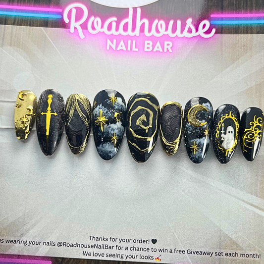 Paranormal Royalty – Gothic Gold & Black Cosmic Press-On Nails 10pc Custom Hand painted  Set