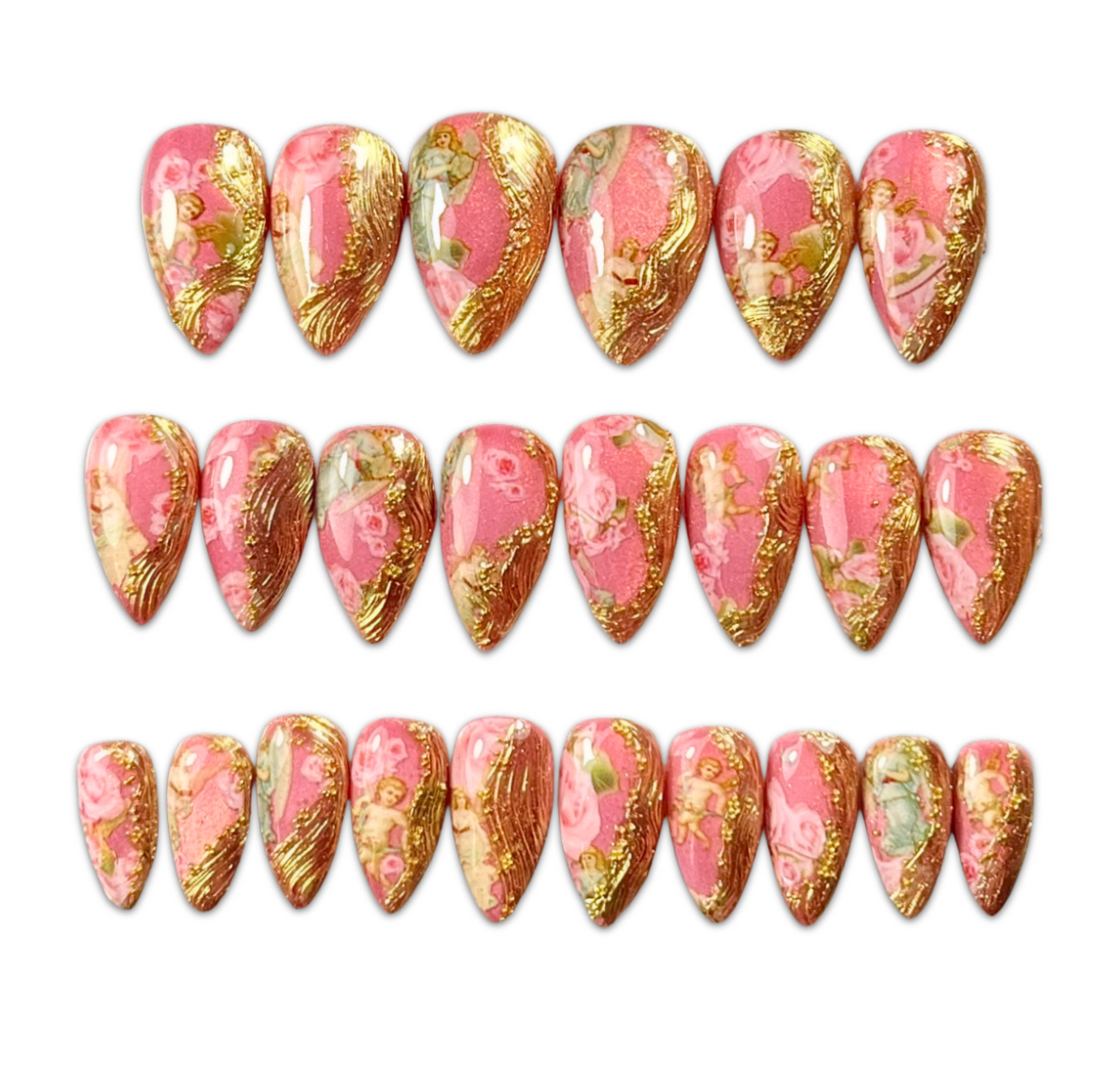 Baroque Rose Press-On Nails – Gold Foil & Pink Floral Wedding Glam (24pcs)