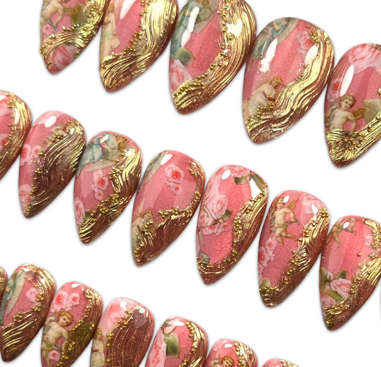 Baroque Rose Press-On Nails – Gold Foil & Pink Floral Wedding Glam (24pcs)