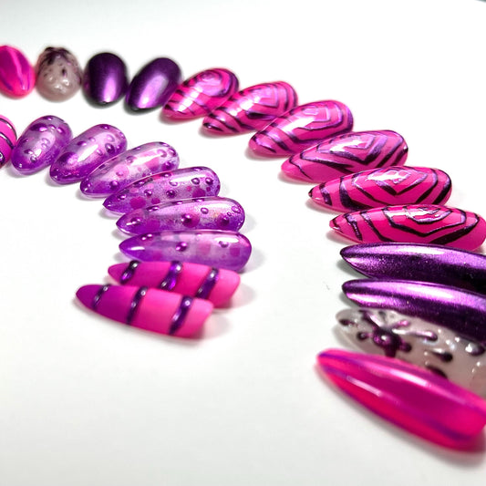 Cheshire Cat Chrome Press-On Nails – Electric Purple & Pink Stripes, 24pcs, Handmade in UK, Reusable, Alice Vibes